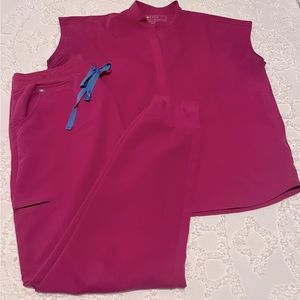 FIGS in Raspberry Sorbet- Medium Rafaela top and Large Zamora jogger